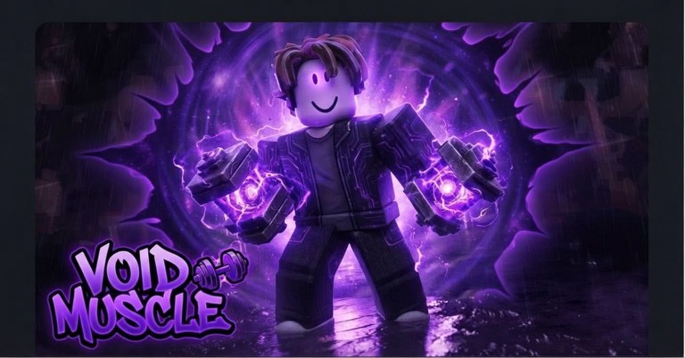 Personaje de Void Muscle en Roblox con mancuernas del vacío brillantes frente a un portal violeta