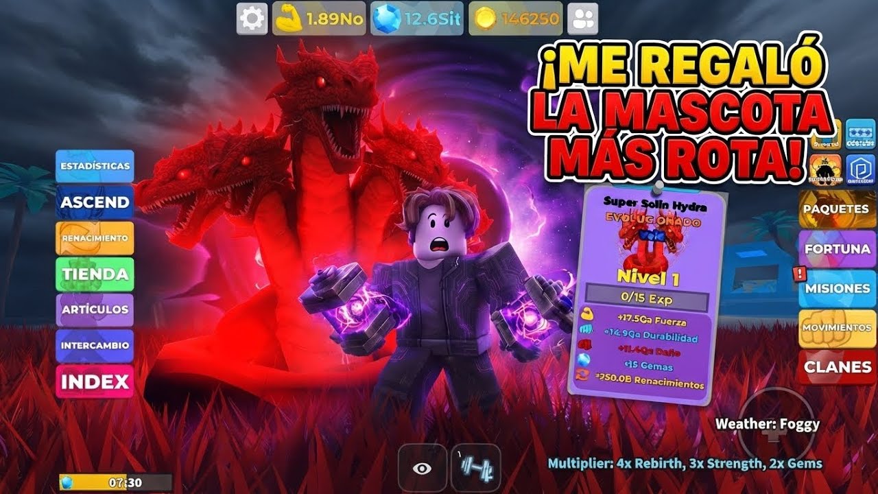 HUD de Void Muscle en partida con stats del pet Super Solin Hydra, Gold Coins y multiplicadores de rebirth